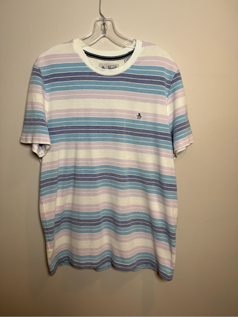 Original Penguin Pastel Stripe Crewneck Pique Cotton Tee - Blue, Pink & White